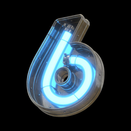 Metallic futuristic 6 font with blue neon lights.