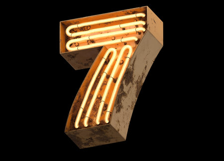 Metallic orange neon font covered with rust.