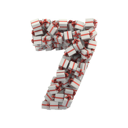 Font of white gift boxes with red ribbon. Number 7