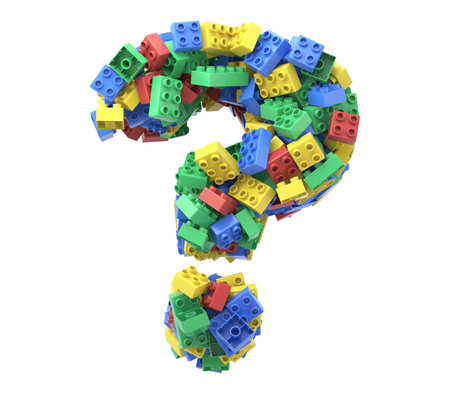 Toy colorful plastic blocks font on white background. Question Mark