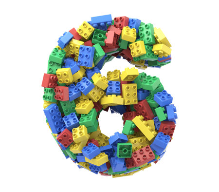 Toy colorful plastic blocks font on white background. Number 6