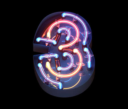 Neon in metal casing font. Number 3.の写真素材