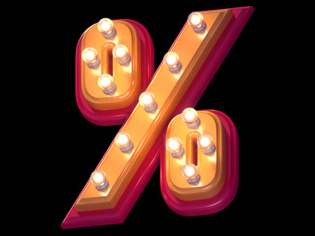 Light lamp glowing font. Illuminated red and yellow plastic symbol. Percent symbol.