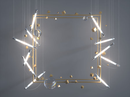 Gold frame picture with fluorescent lamps and primitive.