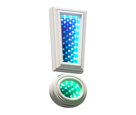 White frame with infinity lighting. Font. Exclamation symbol.