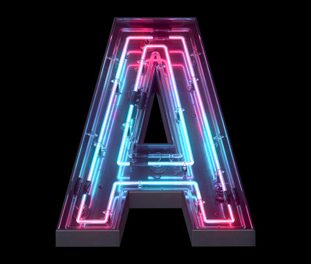 Metal neon mirror font. Ultraviolet light. Letter A.の写真素材