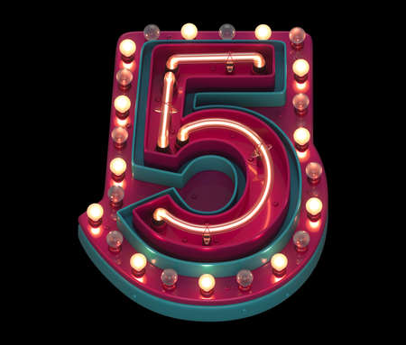 Lamp and neon font. Red and blue metal. Number 5の写真素材