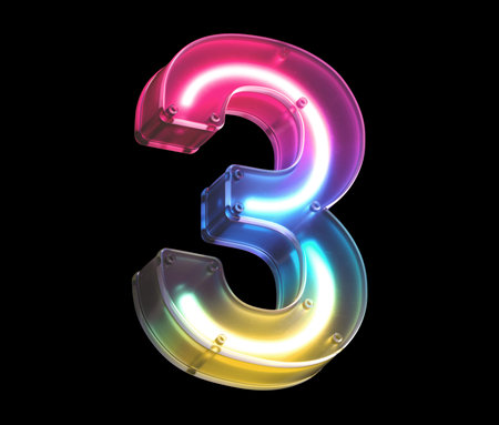 Glowing neon font Number 3 3d render illustration on black background