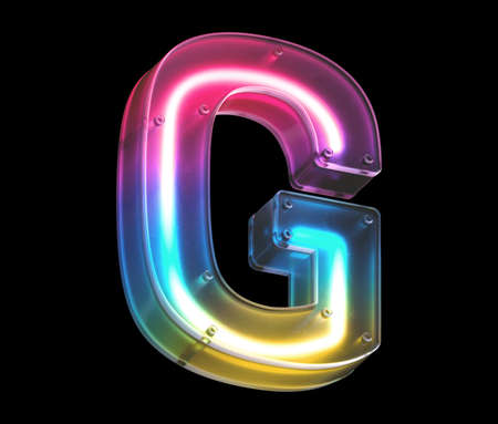 Neon font Letter G 3D render illustration isolated on black backgroundの写真素材