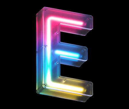 Neon light font Letter E 3D render illustration isolated on black backgroundの写真素材