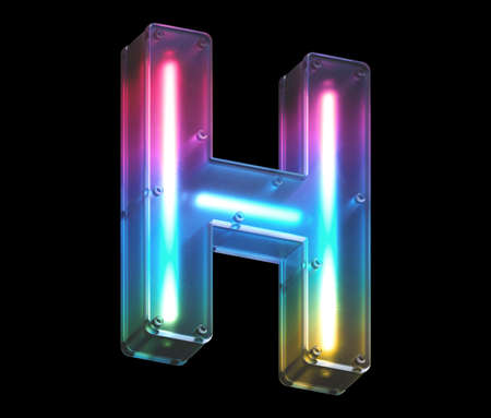 Neon light font Letter H 3D render illustration isolated on black backgroundの写真素材