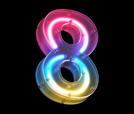 Neon light font. Number 8. 3d render illustration on black background