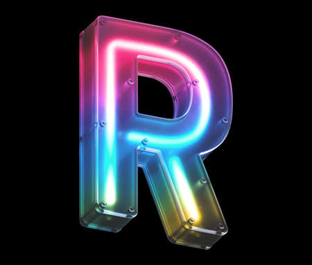 Neon light font Letter R 3d render illustration on black backgroundの写真素材