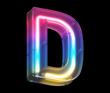 Neon font Letter D 3d render illustration isolated on black backgroundの写真素材