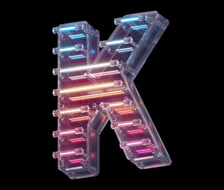 Neon light font. Letter K 3d render illustration on black backgroundの写真素材