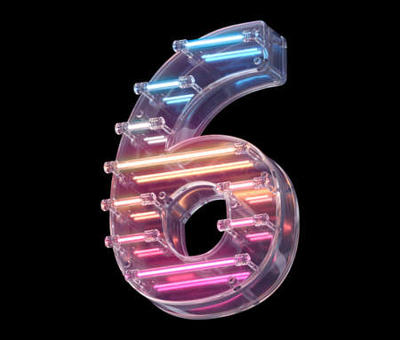 Neon light font. Number 6. 3d render illustration on black backgroundの写真素材