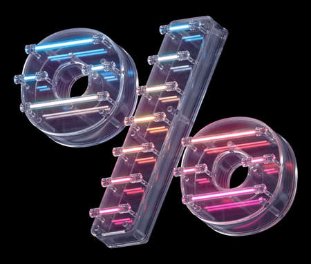 Neon signboard percent. 3d render illustration on black backgroundの写真素材