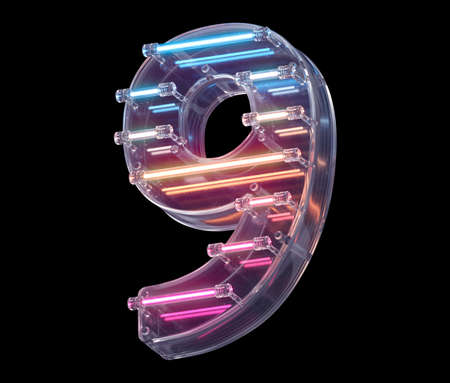 Neon light font. Number 9. 3d render illustration on black backgroundの写真素材