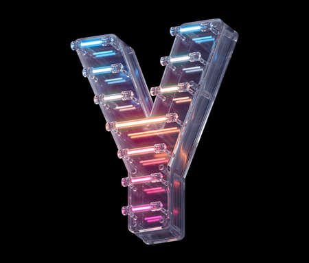 Neon light font. Letter Y 3d render illustration on black backgroundの写真素材