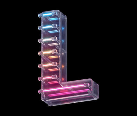 Neon light font. Letter L 3d render illustration on black backgroundの写真素材