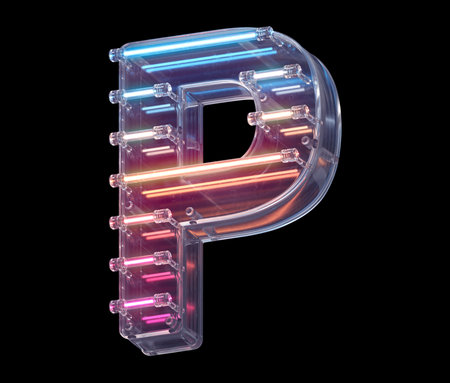 Neon light font. Letter P 3d render illustration on black backgroundの写真素材