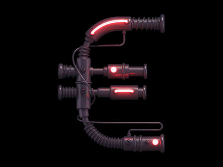 3d rendering of a neon letter E with wires isolated on black backgroundの写真素材