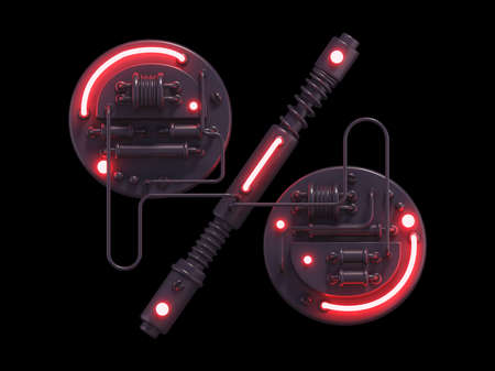 Cyberpunk font with red neon lights. Front view. 3D rendering on black backgroundの写真素材