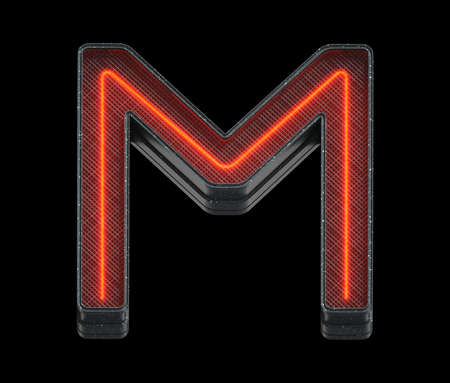Neon light font Letter M 3D render illustration isolated on black backgroundの写真素材