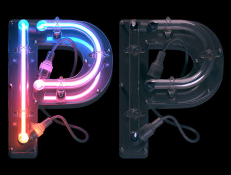 Neon font with wires. Letter Q. 3D render on black backgroundの写真素材