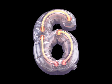 Silver metallic balloon font with orange lights. Number 6. 3D render illustration on black background.の写真素材