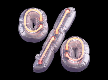 Silver metallic balloon font with orange neon lights. 3D rendering isolated on black backgroundの写真素材
