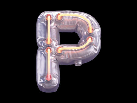 Silver metallic balloon font with orange neon lights. Letter P 3D render on black backgroundの写真素材