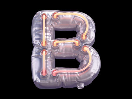 Foil balloon font with neon lights. Letter B 3D render illustration on black backgroundの写真素材