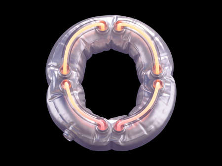 Neon tube font. Letter O 3D render illustration on black backgroundの写真素材