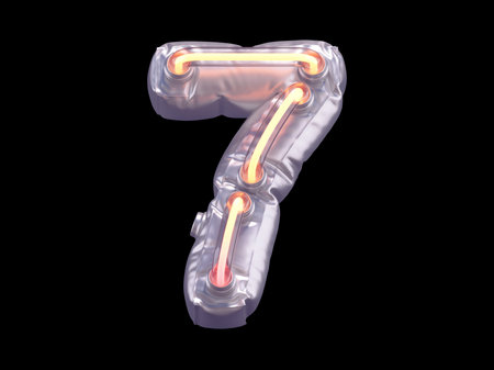 Neon light balloon font. Number 7. 3D render illustration on black background