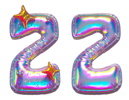 Number set 2, 2, 3 made of realistic 3d render rainbow holographic foil. Collection symbols of...