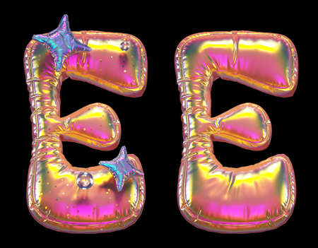 Realistic 3D letters set E, B made of holographic foil. Collection symbols of holographic foil isolated on black background 3d renderingの写真素材