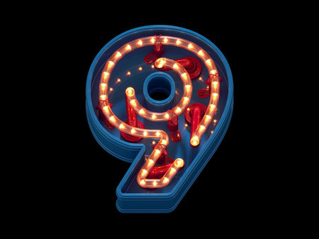 Neon light signboard font. Number 9 with red frame.