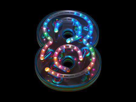 Neon light font. Number 8. 3d render illustration on black background