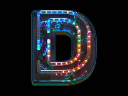 Neon light font. Letter D 3D render illustration on black backgroundの写真素材