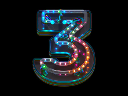 Neon light font. Number 3 3d render illustration on black background