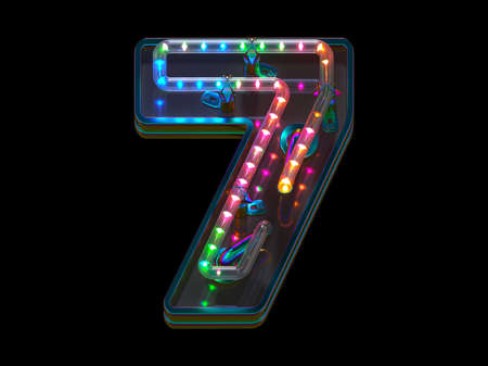 Casino neon font. Number 7 with led lights. 3d render on black backgroundの写真素材