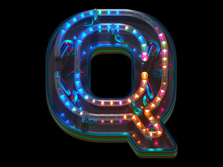 Neon light font. Letter Q 3d render illustration on black backgroundの写真素材