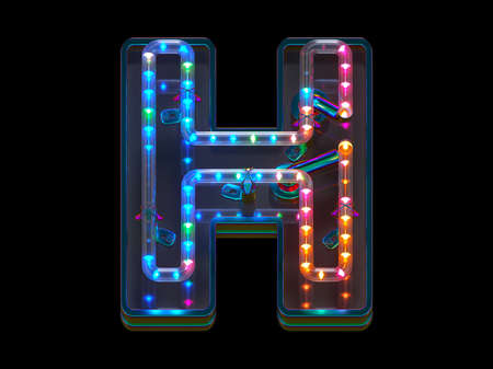 Neon light font Letter H 3D render illustration isolated on black backgroundの写真素材