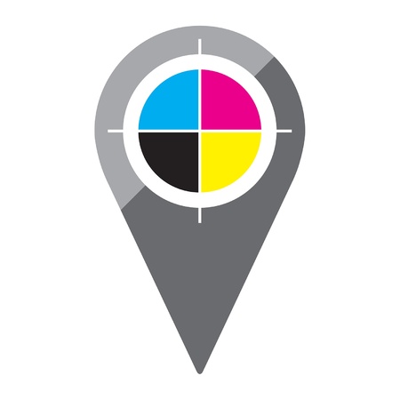 A simple, clean map pin in a flat or metro graphical style with the CMYK registration mark in its center  Recommend usage  mark your local print shop or graphics office on a map のイラスト素材