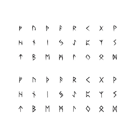 Elder Futhark runic alphabet  The EPS file contains the names of each rune in the layers palette  The full alphabet is represented in two script styles  Recommend usage  rearrange to form words of your choice and use with jewelry, plaques, and artwork のイラスト素材