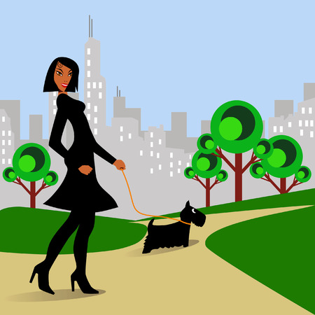 Afro-American woman walking Scottish Terrier dog in park.のイラスト素材