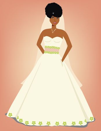 Afro-American bride in white dress trimmed with green flowers against a pink background.の写真素材