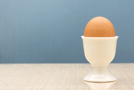 Fresh brown egg placed in a white eggcup.