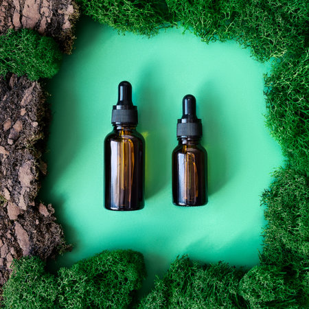 Two brown serum or oil glass mock up bottles with pipette over natural green background of tree bark...